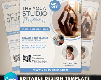 Flyer för yogaklass, mall för gör-det-själv-flyer, flyer för yogastudio, flyer för yogainstruktör, flyer för meditation, färdig yoga- och fitnessmästarklass
