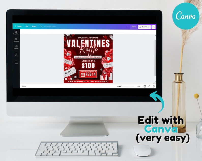 May include: A computer screen displaying a Canva design template for a Valentine's Day raffle. The design features a red heart background with the text "VALENTINES Raffle" and "ENTER TO WIN $100". The date "FEB 14" is also included. The text "Edit with Canva (very easy)" is visible below the screen.