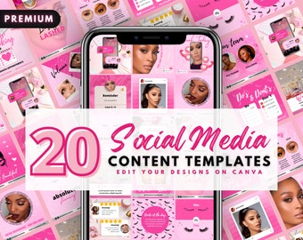 Op de afbeelding: Een verzameling van 20 roze en zwarte social media sjablonen voor wimpersalons. De sjablonen bevatten afbeeldingen van vrouwen met wimpers, tekst en afbeeldingen. De tekst op de sjablonen omvat "20 Social Media Content Templates", "Bewerk je ontwerpen op Canva", "Do's & Don'ts", "Reminder", "This", "Volume", "Lash King", "Absolutely Stunning", "Book Today", "Our Team", en "Love is Perfect".