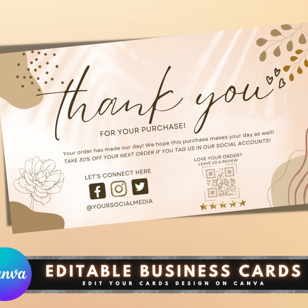 Tarjeta de agradecimiento minimalista, diseño de plantilla de tarjetas de marketing de bricolaje, agradecimiento por el inserto de embalaje del pedido, tarjetas de agradecimiento para pequeñas empresas