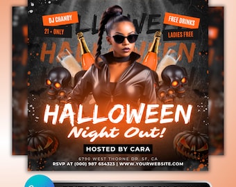 Halloween Party Flyer: Nightclub DJ & Ladies Night Event Promotion, Free Drinks, Editable Canva Template
