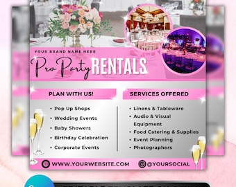 May include: Pink and white event rental advertisement with the text "Pro Party Rentals." The ad lists services offered, including linens, audio-visual equipment, and event planning. The Canva logo is visible.