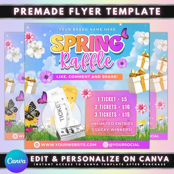 Spring Season Raffle Flyer, DIY Flyer Template Design, Spring Giveaway Flyer, March Raffle Prize Flyer, Premade Spring Hair Lash Promo Flyer