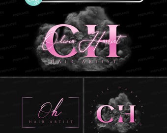 Puede incluir: Tres diseños de logotipos para una estilista. El principal presenta las iniciales "CH" en rosa, el nombre "Olivia Harriet" en cursiva, sobre un fondo gris ahumado. El texto "HAIR ARTIST" está debajo. Otros diseños incluyen "Oh" y "CH".