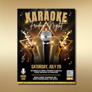 K&ouml;nnte beinhalten: Ein schwarzes und goldenes Plakat mit einem Sternburst-Design und drei Mikrofonen. Der Text auf dem Plakat lautet "Karaoke Friday Night" und "Saturday, July 29". Das Plakat enth&auml;lt auch die Adresse "9580 West Thorne Dr. San Francisco, CA 94112" und einen QR-Code mit dem Text "Scan Me".