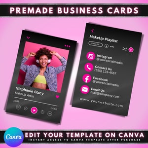 Tarjetas de visita temáticas de Spotify, diseño de plantillas de tarjetas de visita digitales DIY Canva, tarjetas de visita de maquilladores, tarjetas de visita de belleza prefabricadas