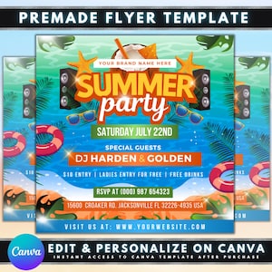 Summer Party DJ Flyer, DIY Flyer Template Design, Summer Celebration Flyer, Tropical Pool Party Invite, Premade Beach Club Event Party Flyer