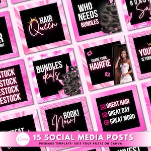 May include: A collection of 15 pink and black social media post templates for hair extensions. The templates feature text such as "Hair Queen", "Bundles Deals", "Share Your Hairfie", "Great Hair, Great Day, Great Mood", and "Your Hair Is Your Crown".