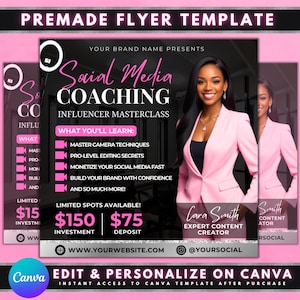 May include: A pink and black flyer with the text "Social Media Coaching" and "Influencer Masterclass". The flyer features a woman in a pink blazer and includes information about the coaching program, including the price and website address.