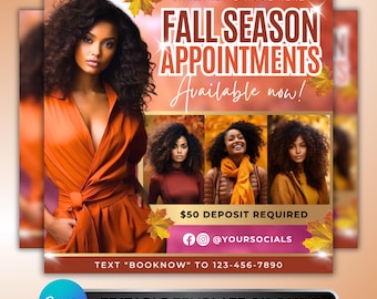Fall Booking Flyer: Autumn Appointment Promo for Stylists, Beauty Professionals & Salons, Canva Template
