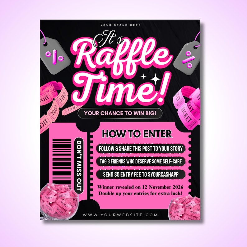 Beauty Raffle Raffle Giveaway Flyer: Beauty Business Contest Promo, Pink Ticket Event ...