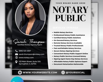 Notary Flyer: Mobile Notary Services, Signing Agent Business Marketing, Elegant Black-White Design, Canva Template