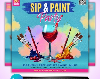 Sip and Paint Party Flyer: Wine and Paint Night, Ladies Night Event, Canva Template