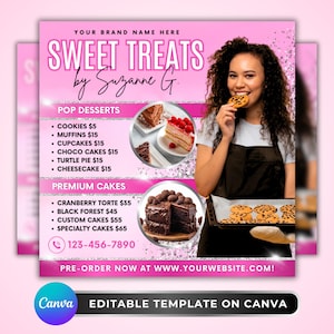 以下が含まれることがあります： 「Sweet Treats by Suzanne G.」のピンクと白のプロモーション用グラフィック。人気のデザートとプレミアムケーキを紹介しています。女性がクッキーのトレイを持ち、1つ食べている様子が写っています。テキストには電話番号とウェブサイトが含まれています。