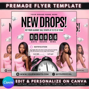 Puede incluir: Folleto rosa con un temporizador de cuenta regresiva para una venta. El temporizador muestra 5 días, 9 horas y 56 minutos. El folleto también incluye el texto "NEW DROPS!" y "SET YOUR ALARMS! SALE STARTS AT 12/12 AT 12AM".