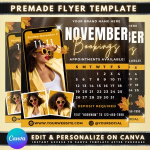 November Bookings Flyer, DIY Flyer Template Design, Book Now Flyer, Fall Appointment Flyer, Beauty Flyer, Premade Lash Hair Calendar Flyer