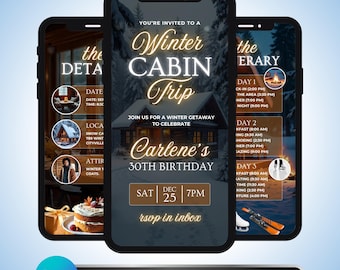 Birthday Trip Invitation: Winter Cabin Getaway, Animated Weekend Itinerary, Travel Details Video Invite, Personalized Canva Template