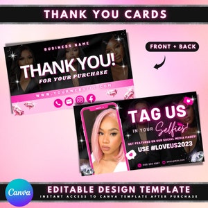 Thank You Card, DIY Canva Business Card Template Design, Salon Marketing Cards, Glitter Pink Promotional Card, Premade Beauty Business Cards