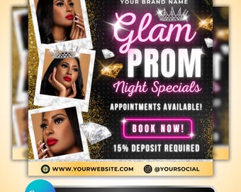 Prom Beauty Flyer: Glam Prom Night Specials, Hair, Makeup & Lash Artist Booking, Canva Template
