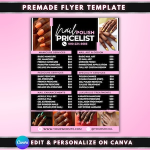 May include: A pink and black premade flyer template for a nail polish pricelist. The flyer includes a list of manicure, pedicure, nail art, and specialty services. The flyer also includes the website and social media information.