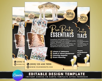 Verhuur flyer feestbenodigdheden, sjabloonontwerp DIY-flyer, flyer evenementenbenodigdheden, flyer verhuur evenementapparatuur, kant-en-klare flyer voor feestplanning