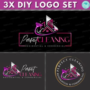 Cleaning Service Logo Set, 3x Modern Sparkle Logo Design, Residential & Commercial Cleaning Branding Kit, Premade Home Office Cleaners Logo