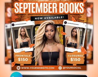 September Hair Sale Flyer: Wig Vendor, Frontals & Closures, Autumn Promotion, Customizable Canva Template