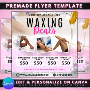 Body Waxing Deals Flyer, DIY Flyer Template Design, Waxing Salon Specials, Brazilian Waxing Services, Premade Sugar Waxing Beauty Spa Flyer