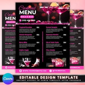 Cocktailmenü-Flyer, DIY-Flyer-Vorlagendesign, Pink-Menü-Flyer, Barkeeper-Flyer, Signatur-Getränkeschild, vorgefertigtes Getränkemixologen-Flyer