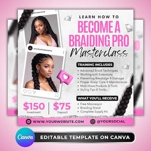 Puede incluir: Un gráfico rosa y blanco que promociona una clase magistral de trenzado. La imagen presenta a dos mujeres con peinados trenzados, junto con el texto "Learn How to Become a Braiding Pro Masterclass". La formación incluye técnicas avanzadas y consejos de peinado.