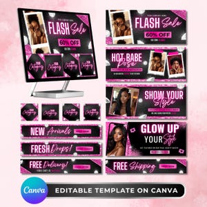 May include: A digital marketing template with a black and pink color scheme. The design includes the words "FLASH Sale," "NEW Arrivals," and "FREE Delivery!" along with images of women. The template is editable on Canva.