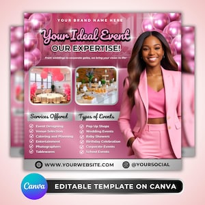 Folleto para organizadores de eventos, Plantilla de folleto para diseño propio, Folleto para servicios de organización de fiestas, Folleto para diseño de eventos, Folleto prediseñado para bodas y eventos corporativos