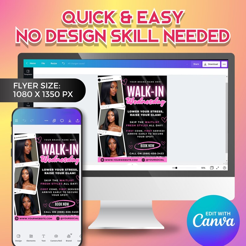Walk In Promotions Walk in Wednesday Flyer: Hair, Lash, Wig & MUA Salon Promo Canva ...