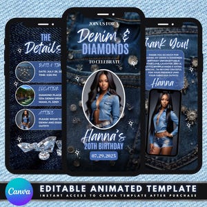 Invito video per compleanno a tema denim e diamanti, modello fai da te, invito animato per evento a tema jeans e diamanti, tema denim elegante preimpostato