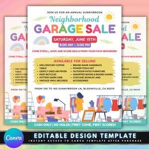 Dépliant de vente de garage de quartier, conception de modèle de Flyer DIY, collecte de fonds pour vente de garage, marché aux puces d'occasions, soirée préfabriquée dans un jardin communautaire
