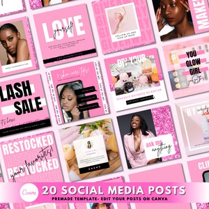 Peut inclure: Vingt modèles de publication sur les réseaux sociaux roses et noirs avec des accents de paillettes. Les modèles présentent des textes tels que "Love Yourself", "Flash Sale", "Restocked", "DIY Your", "You Glow Girl", "Hydrate Everyday", "Ask Me Anything", et "Client Cam".