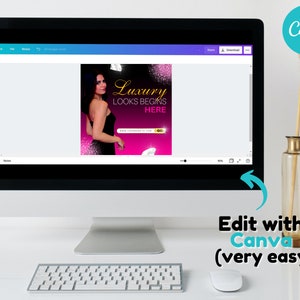 May include: A computer screen showing a Canva design template featuring a woman in a black dress and the text "Luxury Looks Begins Here".
