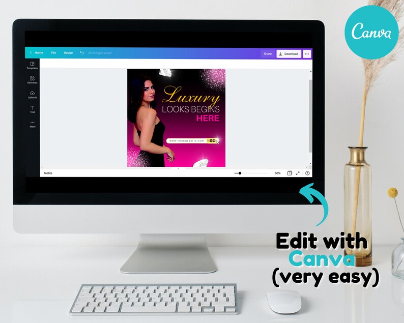 May include: A computer screen showing a Canva design template featuring a woman in a black dress and the text "Luxury Looks Begins Here".