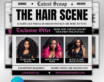 Hair Flyer Template: Wig Sale, Lace Install, New Client Booking, Hairstylist Marketing Canva Template