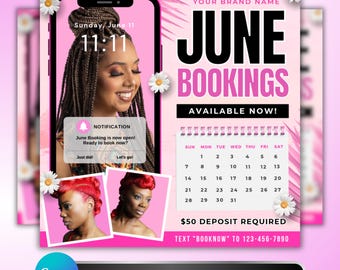 June Booking Flyer: Hairstylist, Braider Availability Announcement, Business Marketing Promotional Design, Editable Canva Template