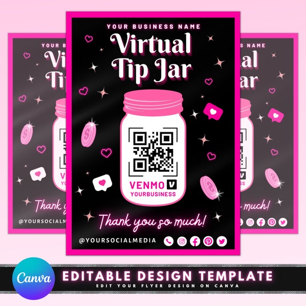 Virtual Tip Jar, DIY Flyer Template Design, QR Code Tip Jar, Cashless Tip Jar, Scan To Pay Jar, Premade PayPal Venmo Zelle CashApp Tip Jar