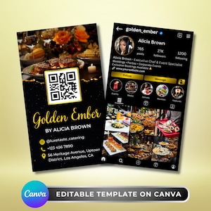 May include: A business card and a social media profile on a black background. The business card says "Golden Ember by Alicia Brown" with contact info and a QR code. The social media profile is for "golden_ember" and features Alicia Brown.