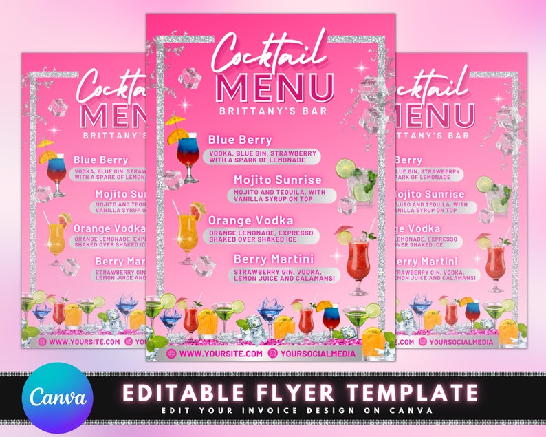 May include: Pink flyer with a glittery silver border and text that reads "Cocktail Menu" with the name "Brittany's Bar" underneath. The flyer lists a variety of cocktails with their ingredients and a photo of each drink.