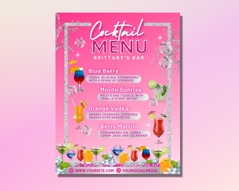 May include: A pink cocktail menu with a glittery border. The menu lists four cocktails: Blue Berry, Mojito Sunrise, Orange Vodka, and Berry Martini. Each cocktail is illustrated with a glass of the drink. The menu also includes the website and social media information for Brittany's Bar.