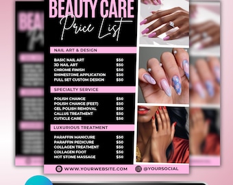 Nail Tech Price List: Manicure, Pedicure & Nail Art Services, Professional Beauty Business Service. Pricing Menu Canva Template