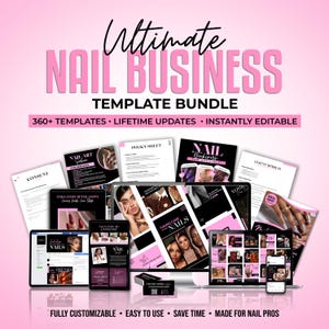 Può includere: Una grafica rosa e bianca che promuove un Ultimate Nail Business Template Bundle. L'immagine mostra mockup digitali di modelli, inclusi documenti, siti Web e layout di social media. Il testo include "360+ Modelli", "Aggiornamenti a vita" e "Modificabili istantaneamente".