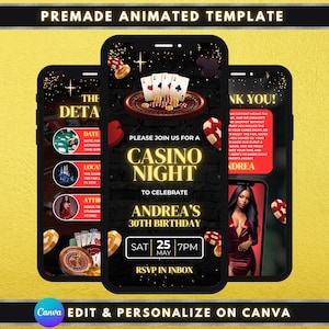Invito animato per festa a tema casinò, modello fai-da-te, invito di compleanno a tema casinò, festa di compleanno a tema poker in stile Las Vegas, invito elettronico predefinito per festa a tema gioco d'azzardo
