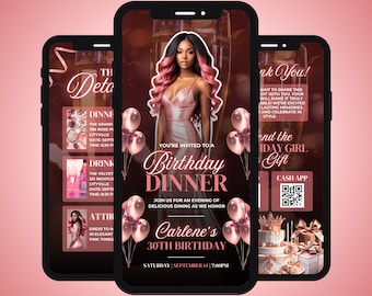 Animated Birthday Dinner Video Invitation, DIY Template Design, Instagram Story Invite, Premade Rose Gold Party Celebration Digital Einvite