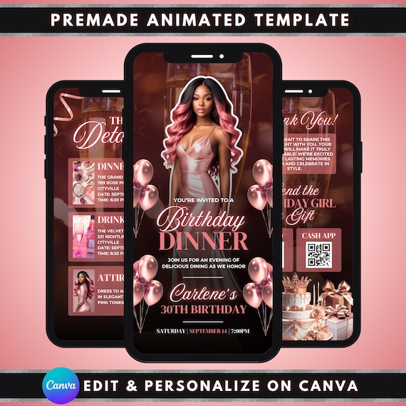 Animated Birthday Dinner Video Invitation, DIY Template Design, Instagram Story Invite, Premade Rose Gold Party Celebration Digital Einvite