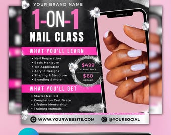 Modello di volantino per corso individuale di manicure, volantino modificabile per la formazione sulla manicure su Canva, poster per corso di onicotecnica rosa e nero, marketing per corsi di manicure acrilica